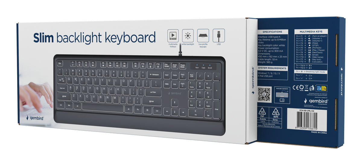 Gembird KB-UML-04 Slim wired backlight keyboard, black, US layout