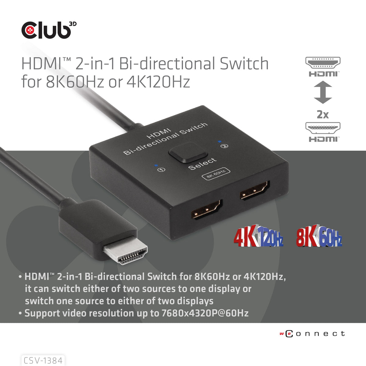 Club3D HDMI Switch 2-in-1 bidirektional   8K60Hz/4K120Hz UHD retail