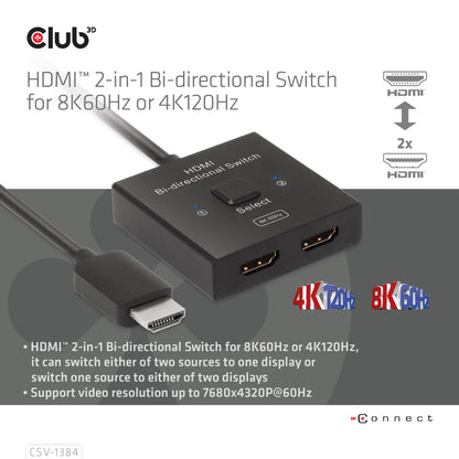 Club3D HDMI Switch 2-in-1 bidirektional   8K60Hz/4K120Hz UHD retail