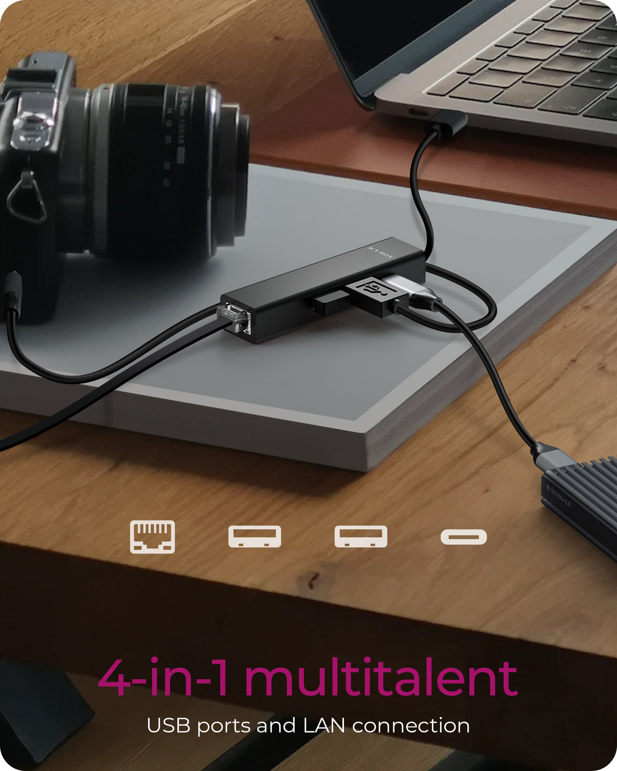 IcyBox USB 3.2 Gen1 4-in-1 Hub & Gigabit LAN Adapter (Retail)