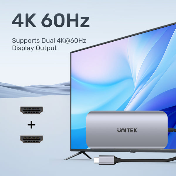 UNITEK ACTIVE HUB USB-C 2X HDMI 4K, RJ45, PD 100W