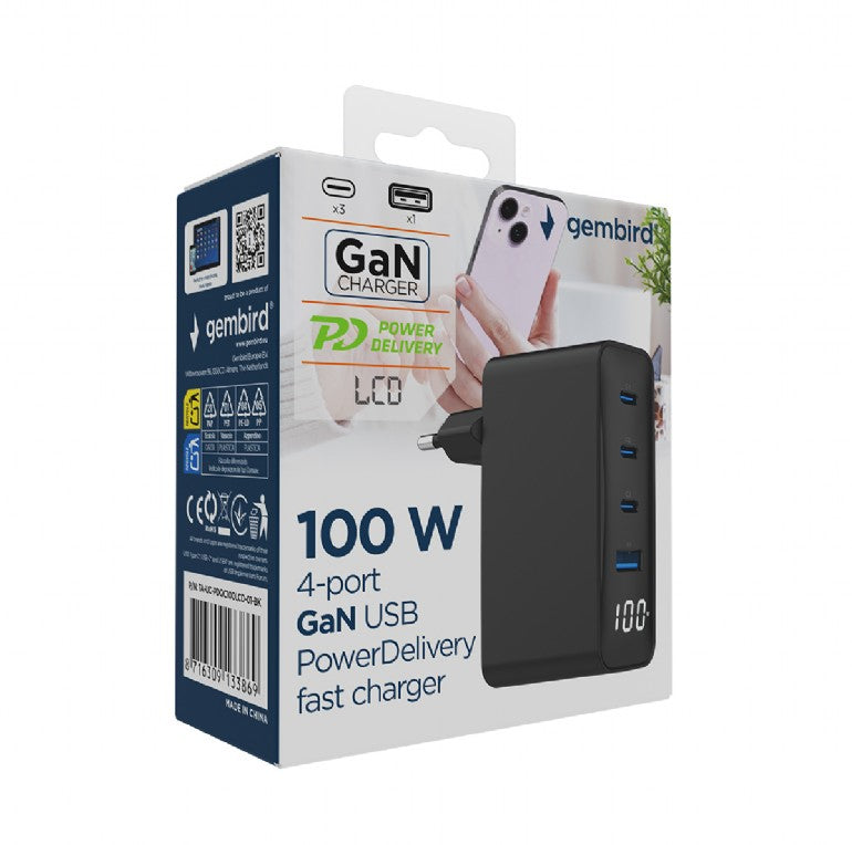 Gembird TA-UC-PDQC100LCD-01-BK Mobile Device Charger – Laptop & Smartphone, Black, AC Fast Charging, Indoor