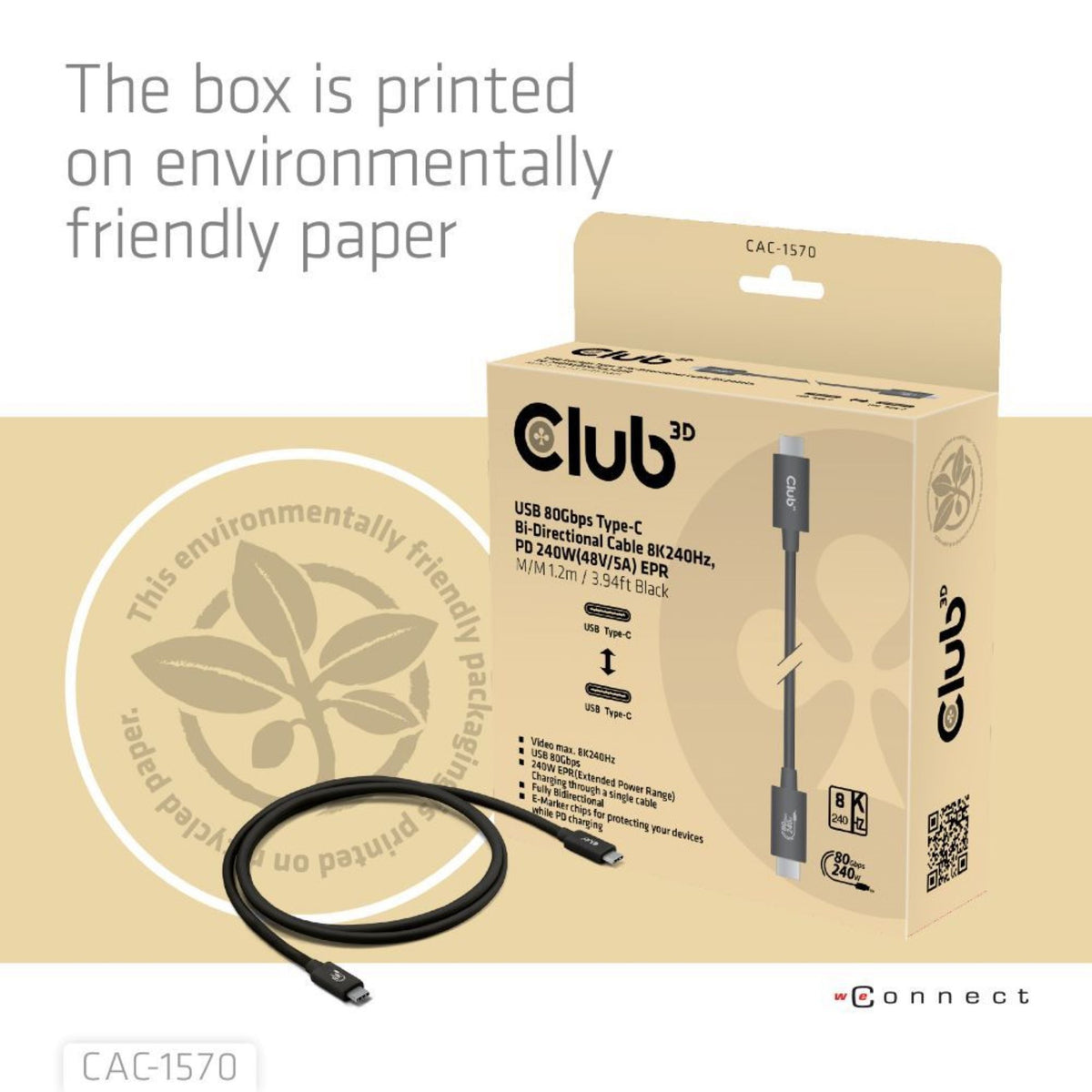 Club3D USB-C Cable 80Gbps Certified PD 240W / 8K 240Hz 1.2m St/St (Retail)