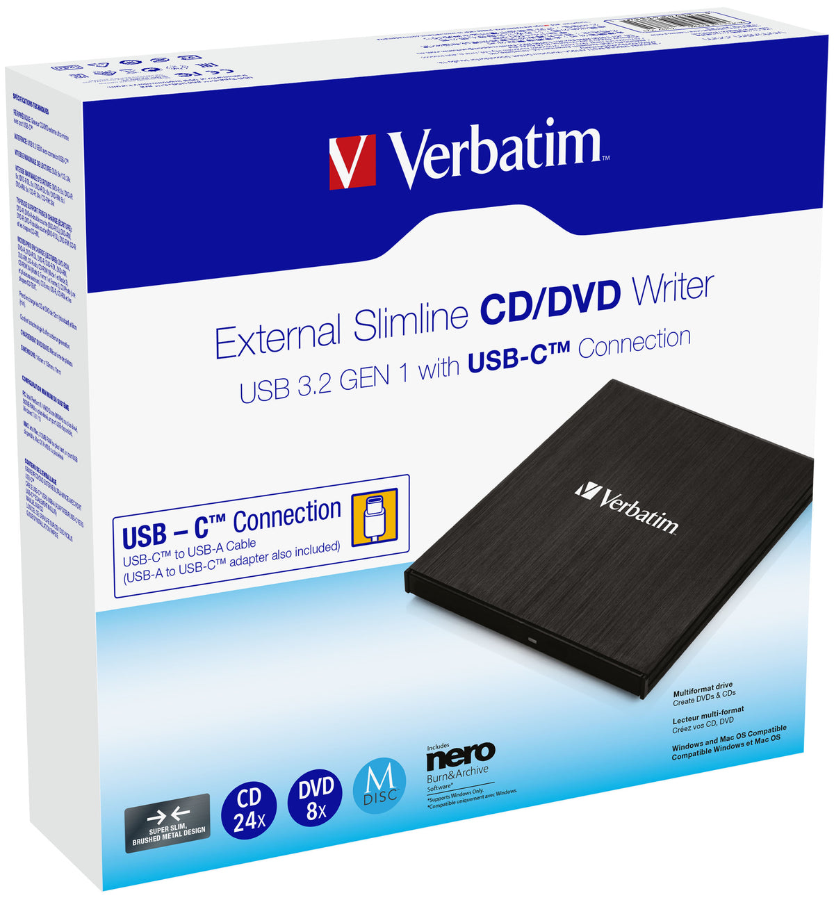 Verbatim Externer Slimline CD-DVD-Brenner, externer DVD-Brenner (USB-C 3.2 Gen 1 (5 Gbit/s))