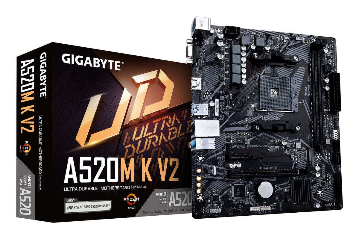 GIGABYTE A520M K V2 Motherboard - Compatible with AMD Ryzen 5000 Series AM4 CPUs, Supports up to 5100MHz DDR4 (Overclocked), PCIe Gen3 x4 M.2 Slot, Gigabit Ethernet LAN, USB 3.2 Gen 1 Ports