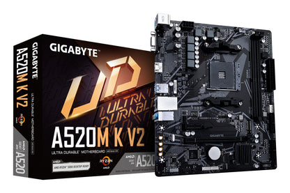 GIGABYTE A520M K V2 Motherboard - Compatible with AMD Ryzen 5000 Series AM4 CPUs, Supports up to 5100MHz DDR4 (Overclocked), PCIe Gen3 x4 M.2 Slot, Gigabit Ethernet LAN, USB 3.2 Gen 1 Ports