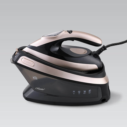 Σταθμός ατμοσίδερου Maestro MR-320C ισχύος 2400 W, με κεραμική πλάκα σόλας χωρητικότητας 1,5 λίτρου, σε μαύρο και ροζ χρυσό χρώμα