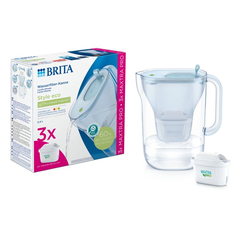 Brita Style Eco Glacier Blue Water Filter Pitcher with 3 MAXTRA PRO All-in-1 Replacement Cartridges