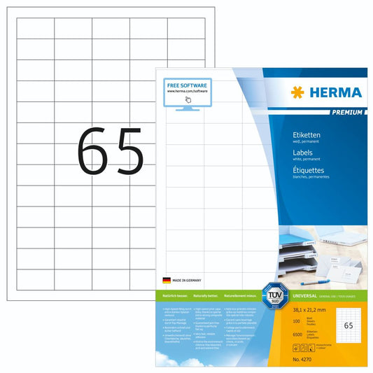 Herma Labels 38,1x21,2mm - 100 Φύλλα DIN A4 - 6500 Τεμάχια
