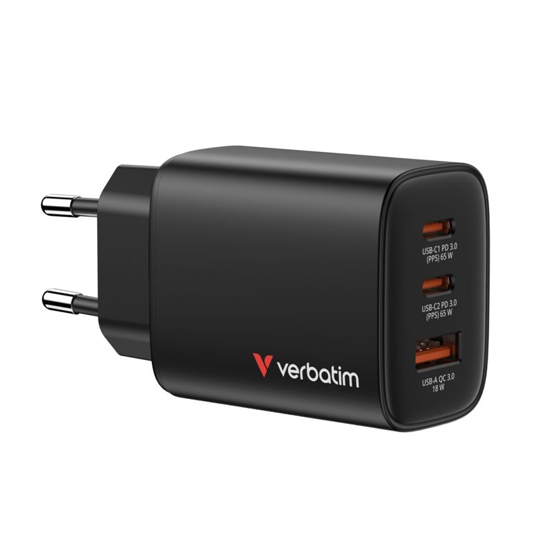 Verbatim Essentials GaN Charger 65W with 2x USB-C and 1x USB-A Ports Model 32352