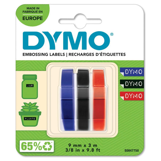 3x1 Dymo Embossing Labels Multi-Pack 9mm (Red/Blue/Black)