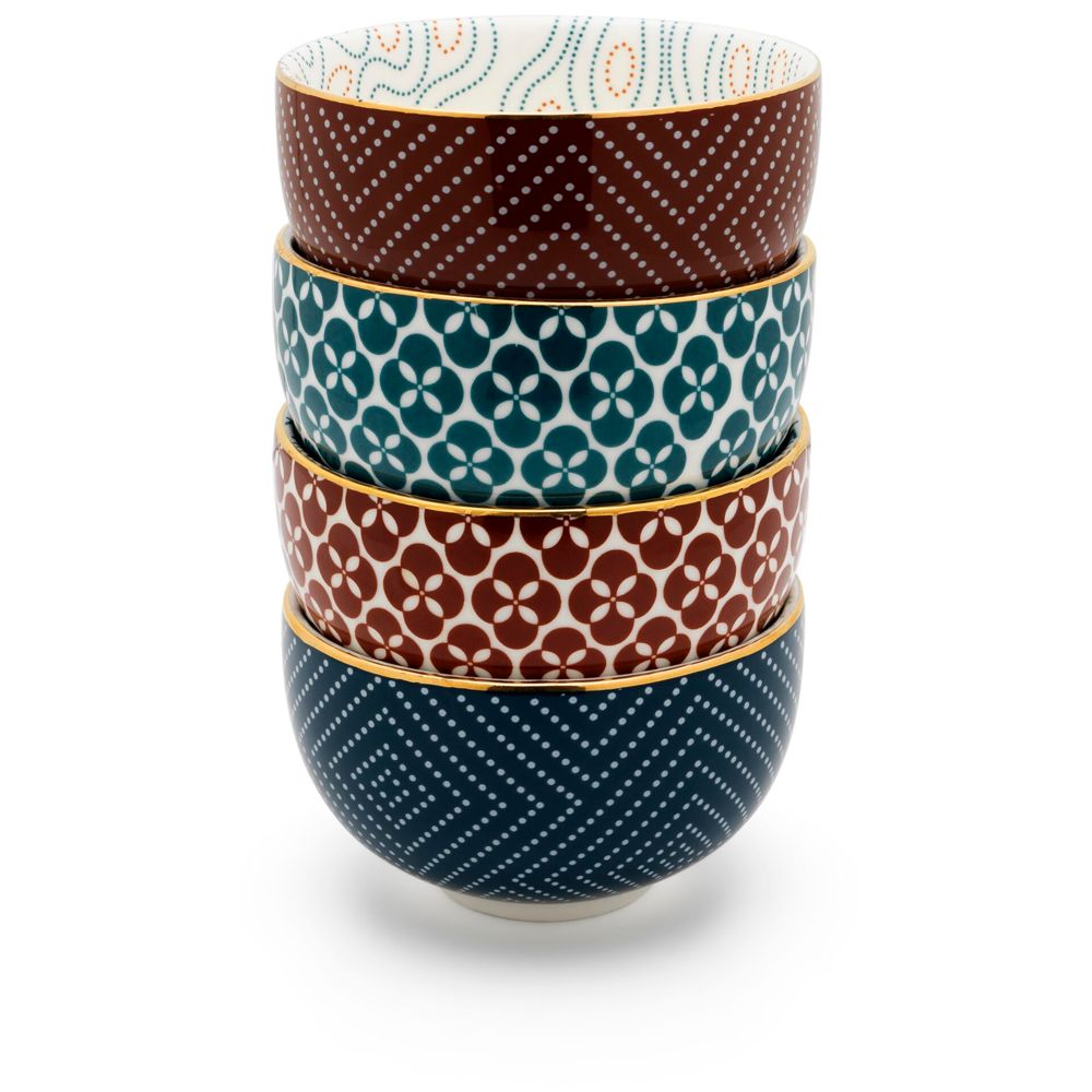 Bredemeijer Tea Bowls Pucheng 4-Set Porcelain Petrol/Red