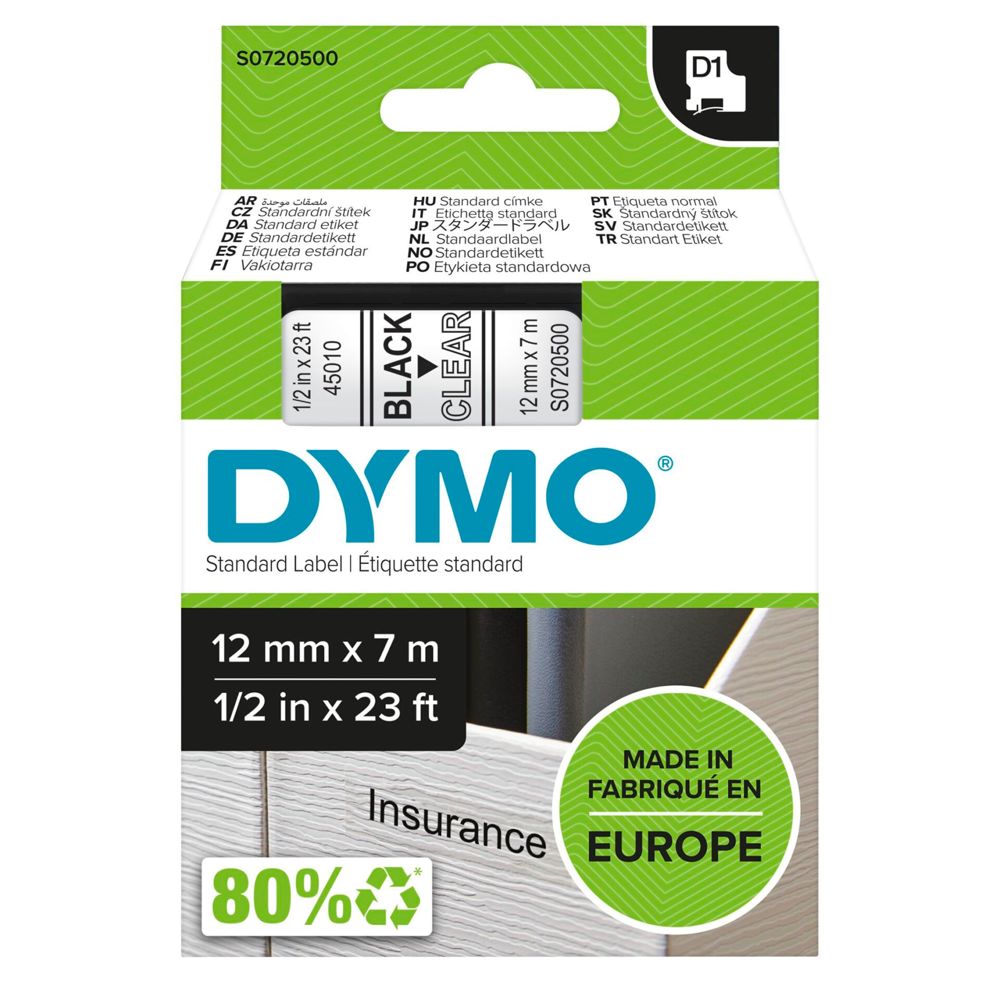 Dymo D1 12mm Μαύρες/Διαφανείς Ετικέτες 45010