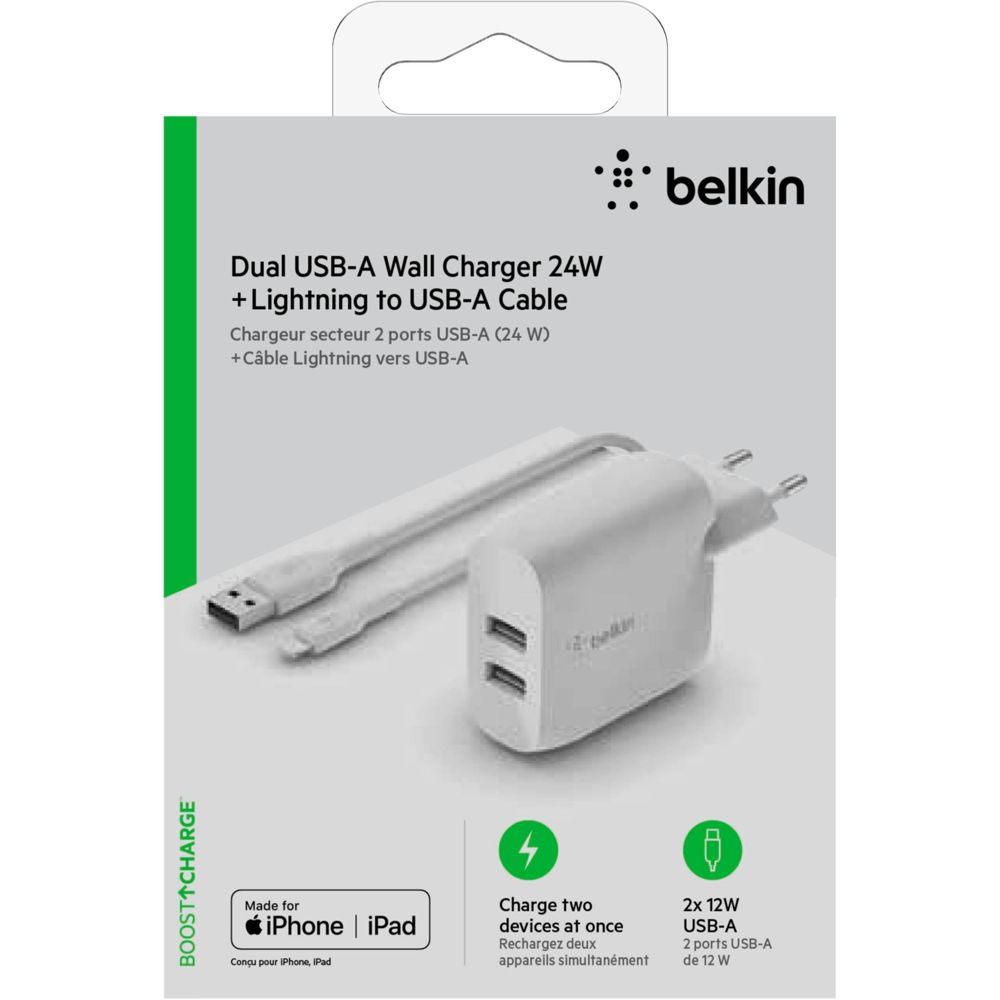 Belkin Dual USB-A Charger 24W with 1m Lightning Cable - White