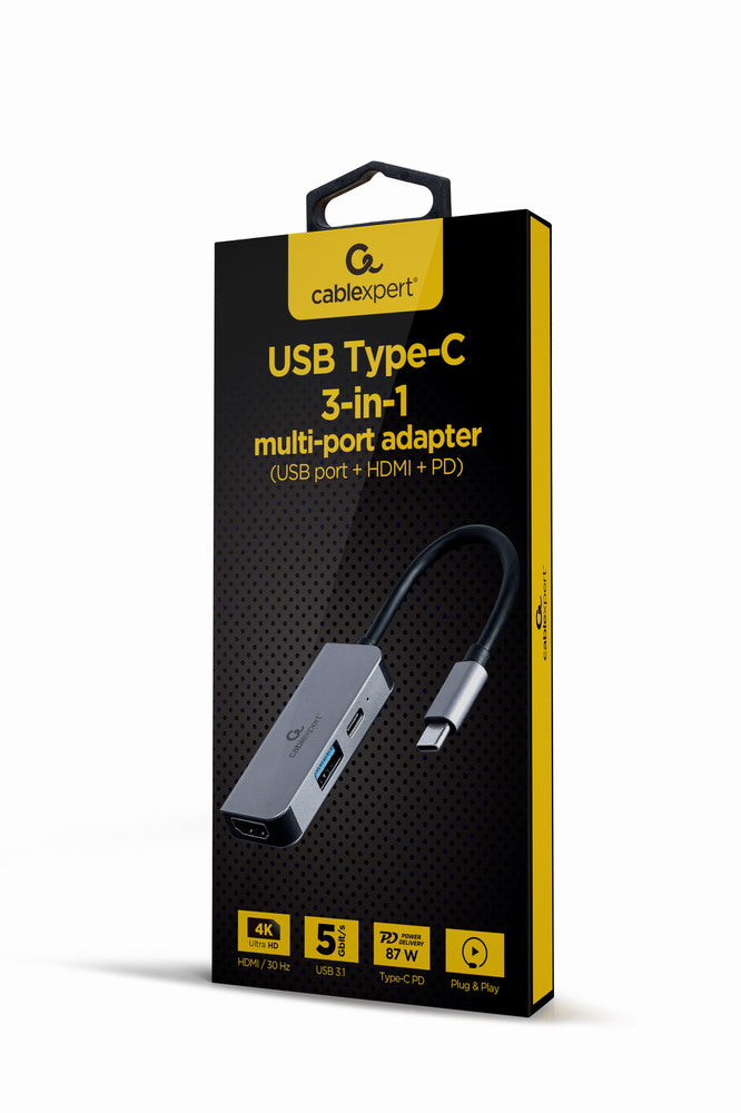 Gembird A-CM-COMBO3-02 USB Type-C 3-in-1 Multi-Port Adapter (USB + HDMI + PD), Silver