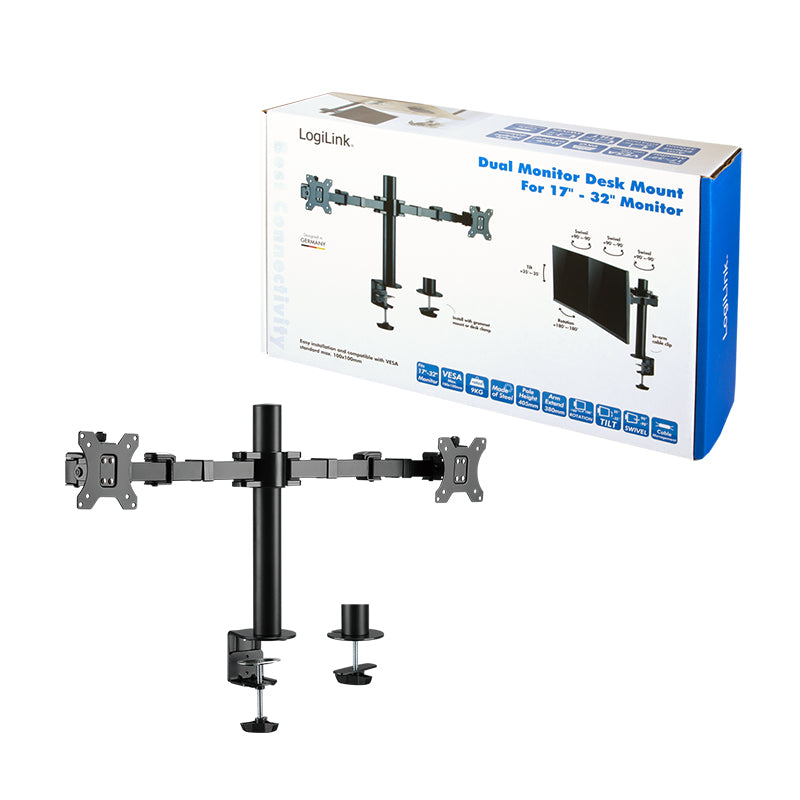 LogiLink TIS 17"–32" Dual TFT 3-Joint Monitor Arm, Black, Max 12 kg, Hole Mount