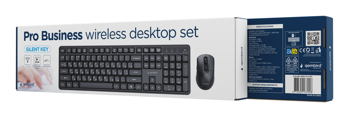 Gembird KBS-WMS-01-CYRL Silent key Pro Business wireless desktop set, black, RU layout