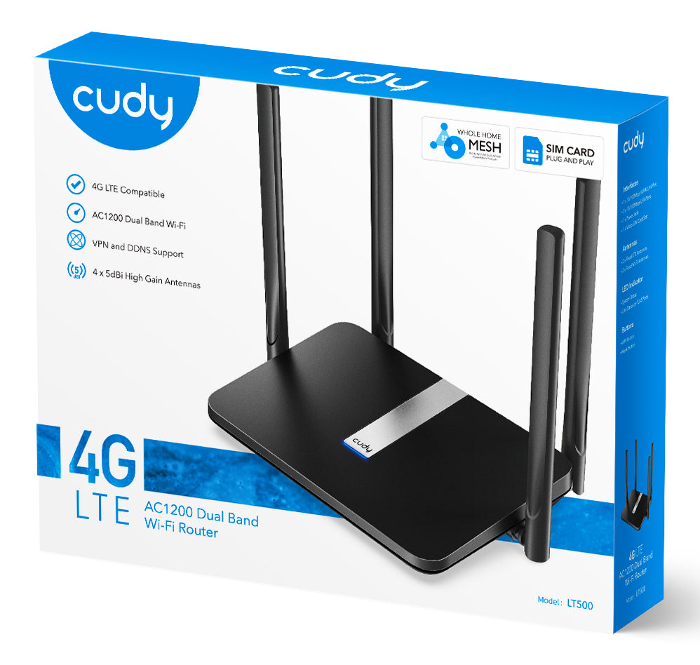 Ασύρματος δρομολογητής Cudy LT500 με γρήγορη Ethernet, διπλής ζώνης (2,4 GHz / 5 GHz), 4G, μαύρος