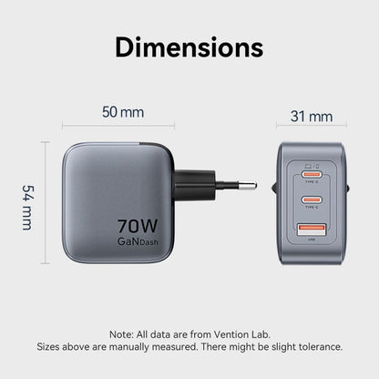 Vention 70W GaN PD Charger 1x USB-A 2x USB-C BK