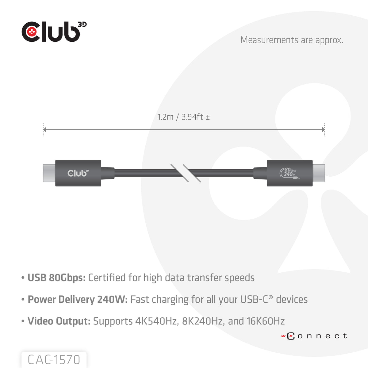 Club3D USB-C Cable 80Gbps Certified PD 240W / 8K 240Hz 1.2m St/St (Retail)