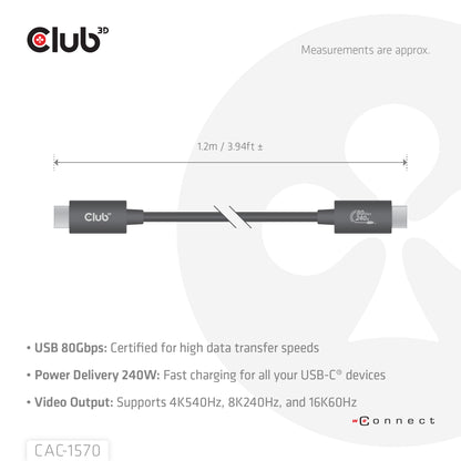 Club3D USB-C Cable 80Gbps Certified PD 240W / 8K 240Hz 1.2m St/St (Retail)