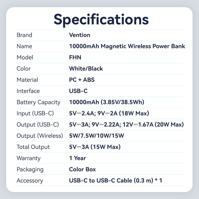 Vention 10000mAh 20W - magnetic power bank (black)