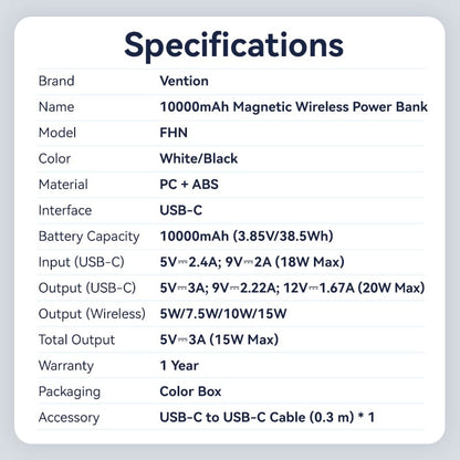 Vention 10000mAh 20W - magnetic power bank (black)