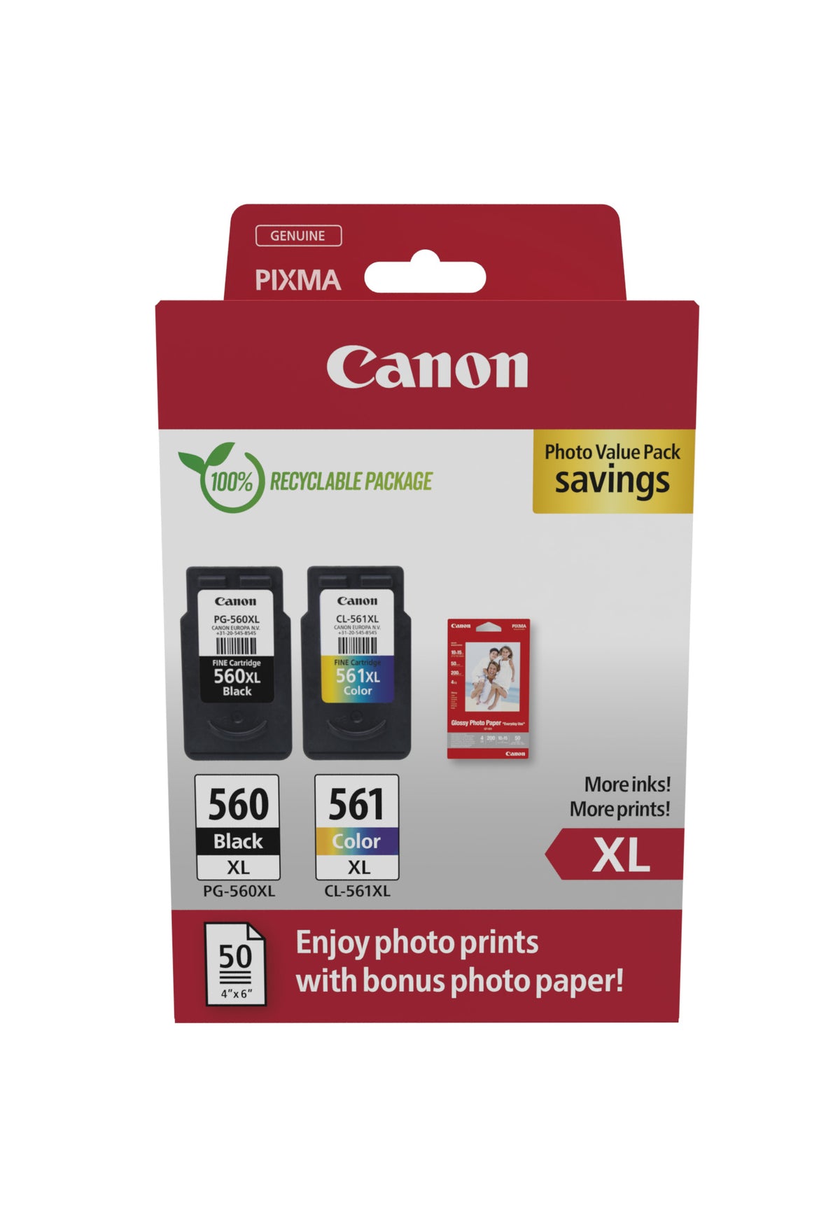 Canon PG-560XL + CL-561XL Ink Cartridges with 50x10x15cm Photo Paper
