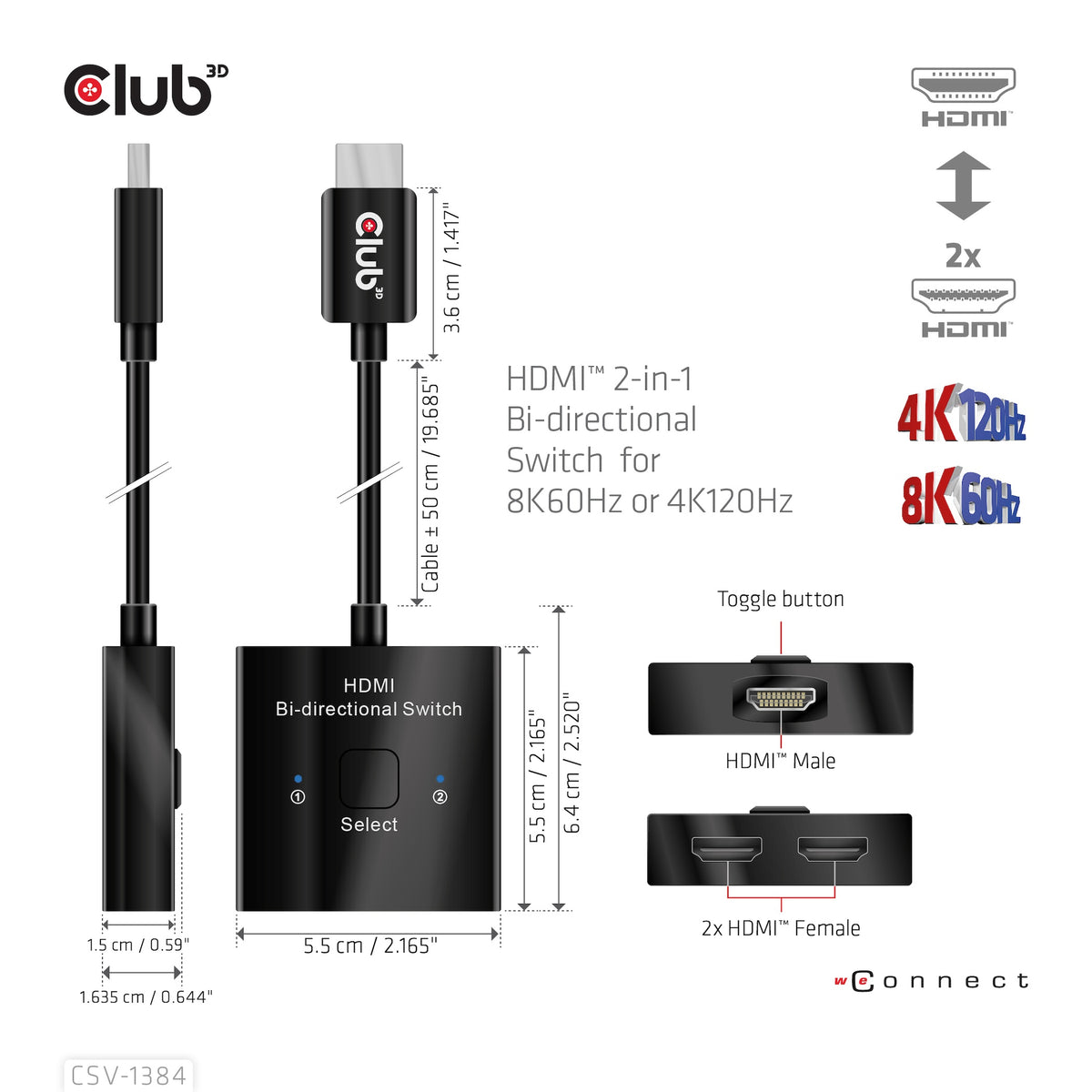 Club3D HDMI Switch 2-in-1 bidirektional   8K60Hz/4K120Hz UHD retail