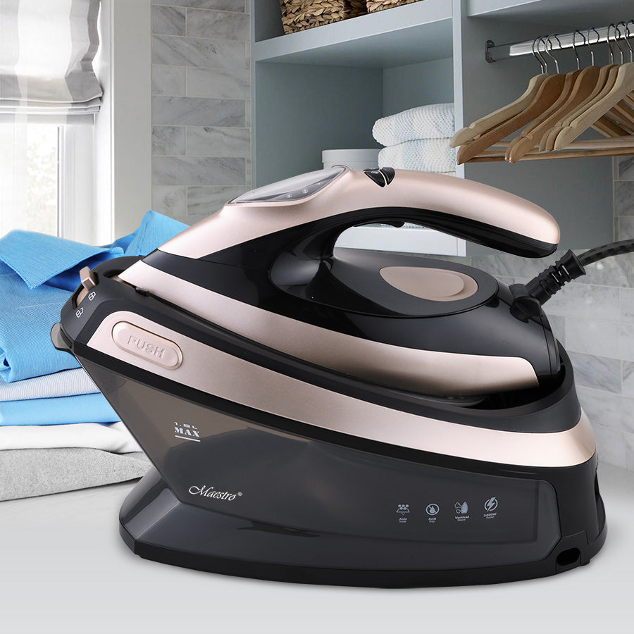 Σταθμός ατμοσίδερου Maestro MR-320C ισχύος 2400 W, με κεραμική πλάκα σόλας χωρητικότητας 1,5 λίτρου, σε μαύρο και ροζ χρυσό χρώμα