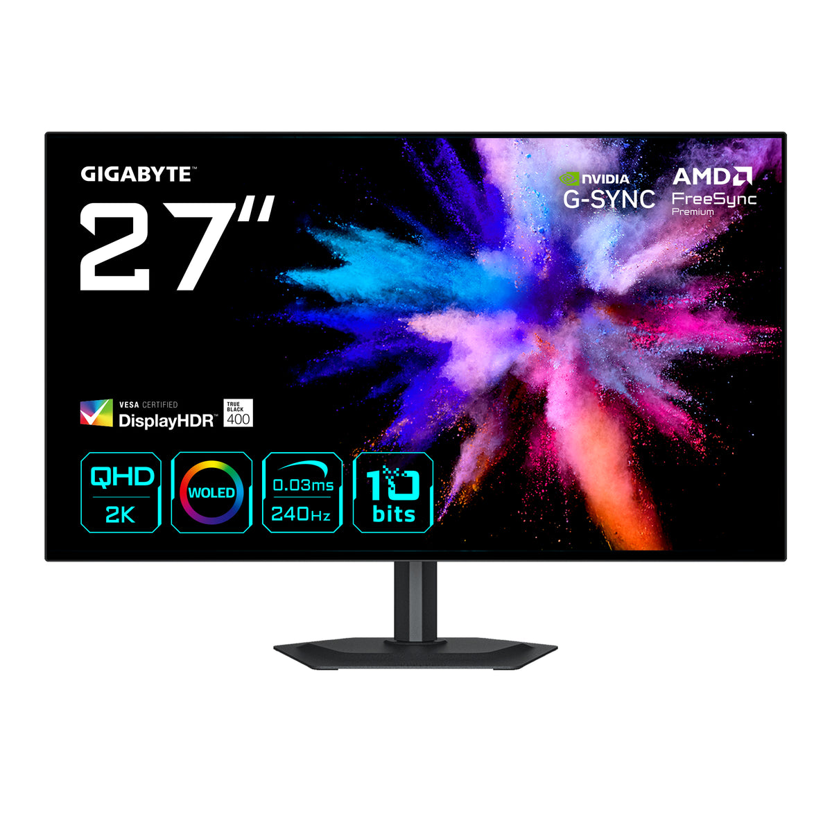 GIGABYTE GO27Q24G 27” OLED 2K QHD Gaming Monitor - 2560 x 1440, 240Hz, 0.03ms, 275 cd/m2, FreeSync Premium, G-Sync Compatible, HDMI 2.1, Displayport 1.4