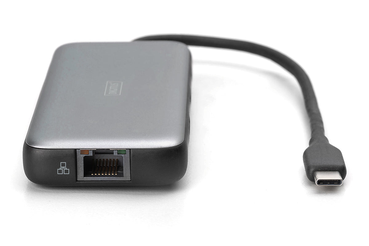 DIGITUS USB-C Docking Hub — HDMI, USB 3.2, RJ45, SD & MicroSD, PD, Aluminum (Silver)