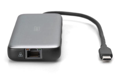 DIGITUS USB-C Docking Hub — HDMI, USB 3.2, RJ45, SD & MicroSD, PD, Aluminum (Silver)