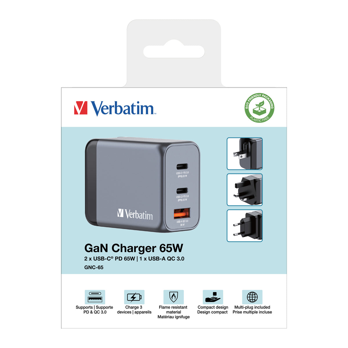 Verbatim GNC-65 GaN Charger 3 Port 65W USB A/C (EU/UK/US)