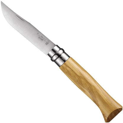 Opinel No. 08 Pocket Knife with Olive Wood Handle and Sheath in Pencil Box