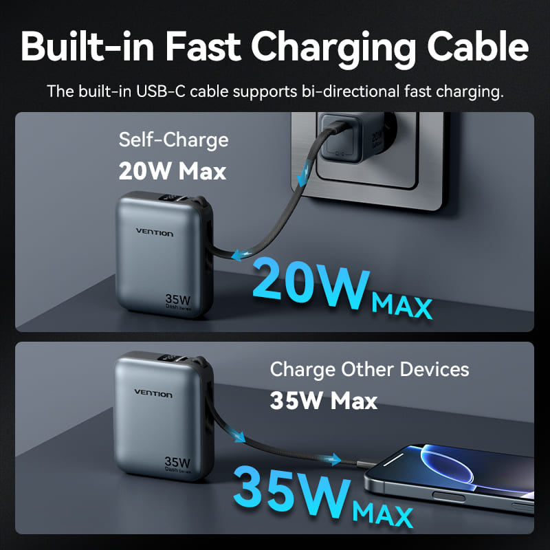 Vention 10000mAh 35W - power bank with USB-C cable (beige)
