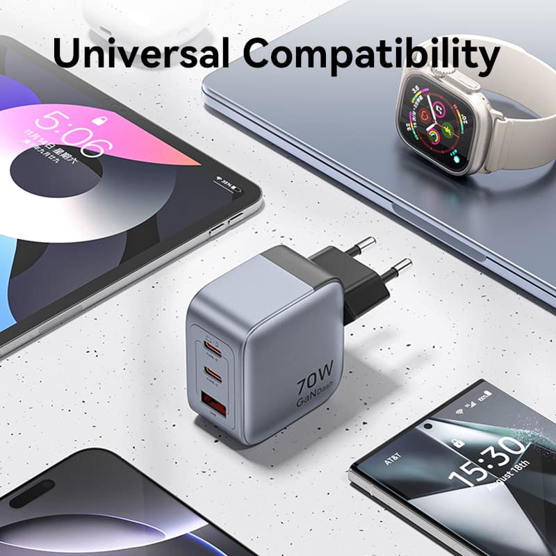 Vention 70W GaN PD Charger 1x USB-A 2x USB-C BK