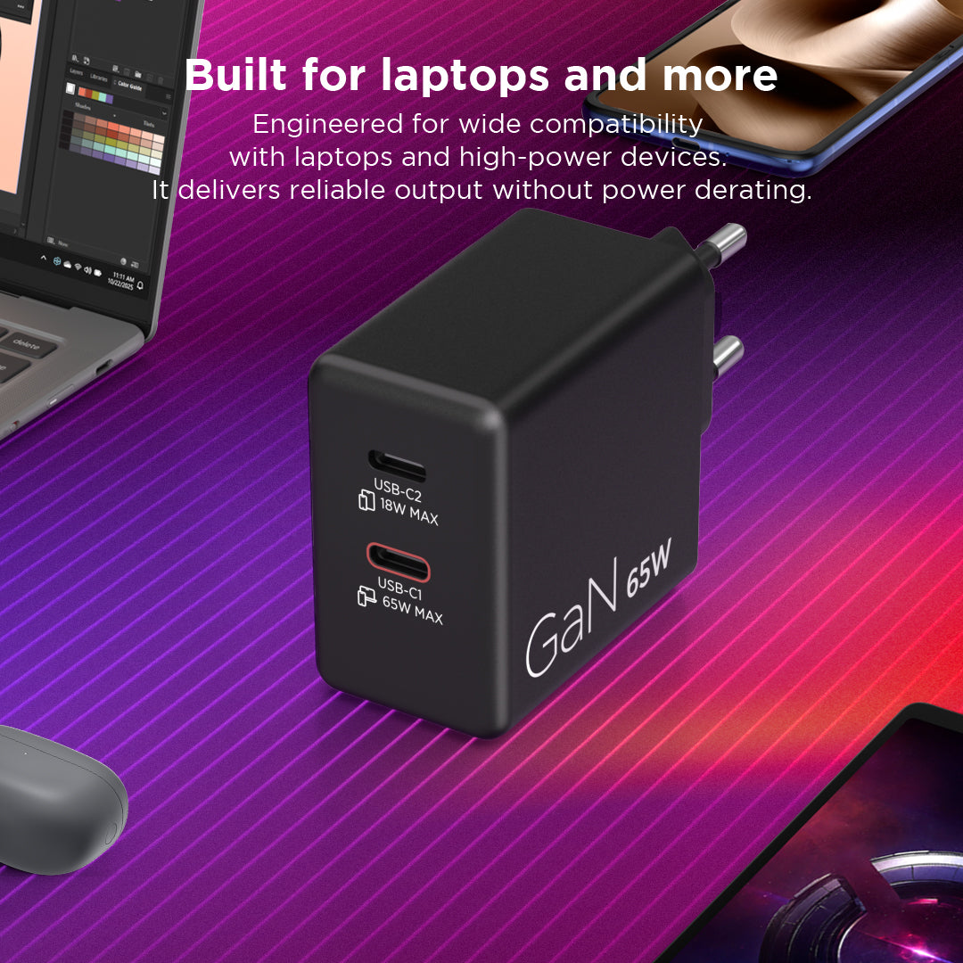 Lenovo Dual USB-C 65W GaN Charger Universal Black AC Indoor