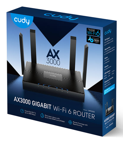 Ασύρματος δρομολογητής Cudy WR3000 με ταχύτητα Gigabit Ethernet και διπλή ζώνη συχνοτήτων (2,4 GHz / 5 GHz) σε μαύρο χρώμα
