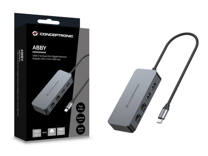 CONCEPTRONIC USB-C to 2x Gigabit Ethernet + 2x USB-A 3.2 Adapter, 5 Gbps, 0.30 m, Gray