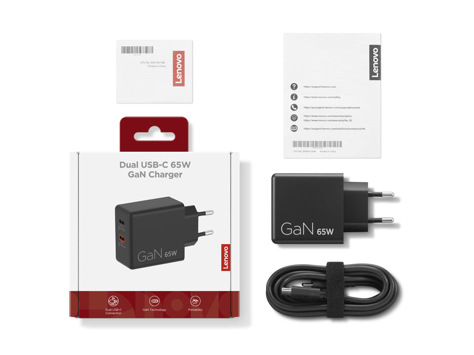 Lenovo Dual USB-C 65W GaN Charger Universal Black AC Indoor
