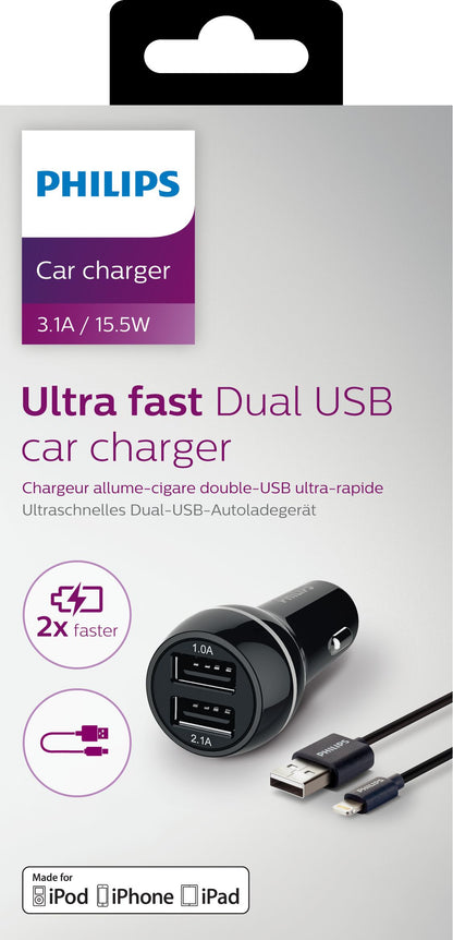 Philips Dual Car Charger 15W mit Apple Lightning Kabel MFI