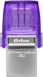Kingston DataTraveler microDuo 3C 64 GB (violett/transparent, USB-A 3.2 Gen 1, USB-C 3.2 Gen 1)