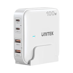 GaN Network Charger - Unitek P1229AWH01-EU | 100W with 2x USB-C and 2x USB-A Ports