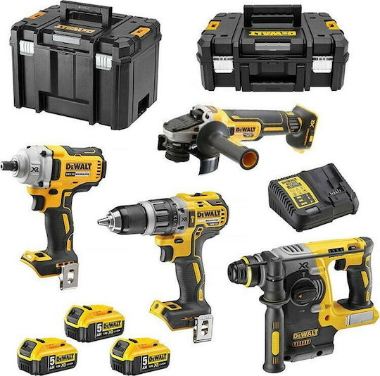 DEWALT DCK428P3T Σετ Γωνιακός Τροχός, Κρουστικό Δραπανοκατσάβιδο, Μπουλονόκλειδο & Πιστολέτο Brushless 18V με 3 Μπαταρίες 5Ah και Θήκη
