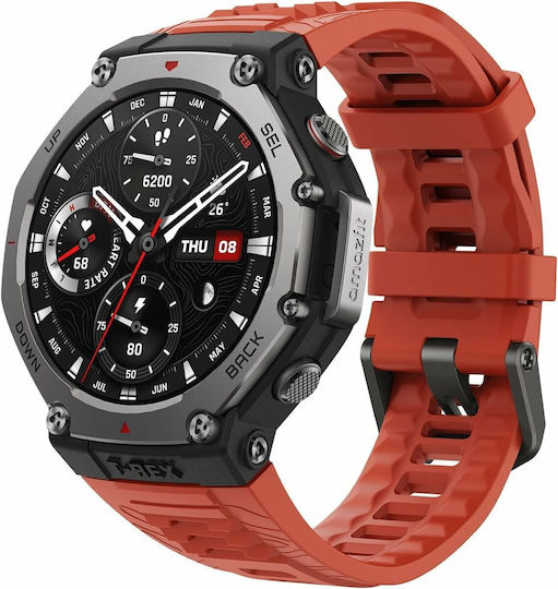Amazfit T-Rex 3 Stainless Steel 48mm Αδιάβροχο Smartwatch με Παλμογράφο (Lava)